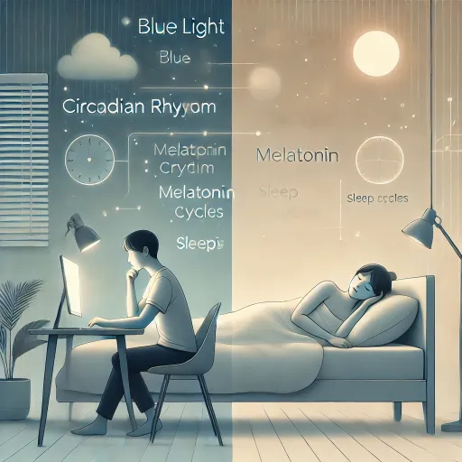 A person sitting at a screen in the dark vs a person lying in bed and sleeping comfortably.
